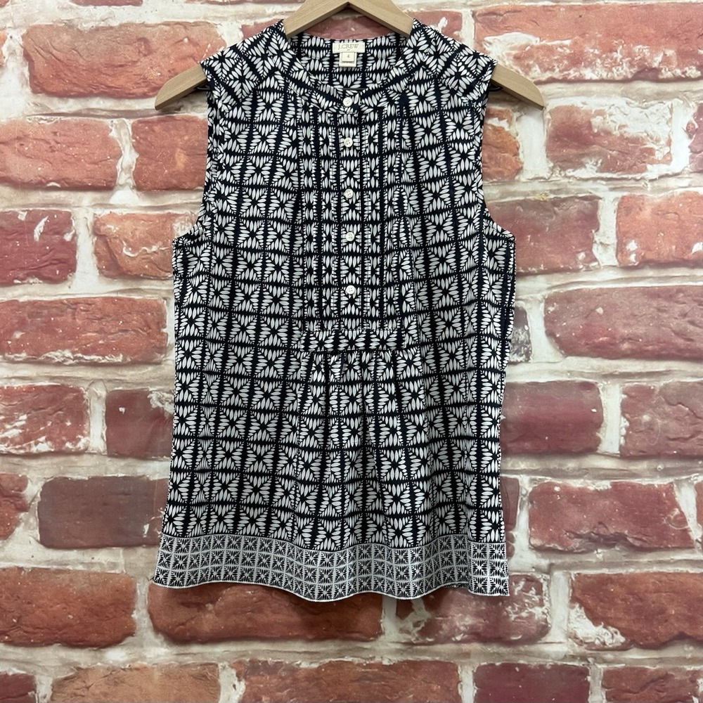 J CREW Top Women's 4 Black White Abstract Checkered Bordered Hem Casual Shirt